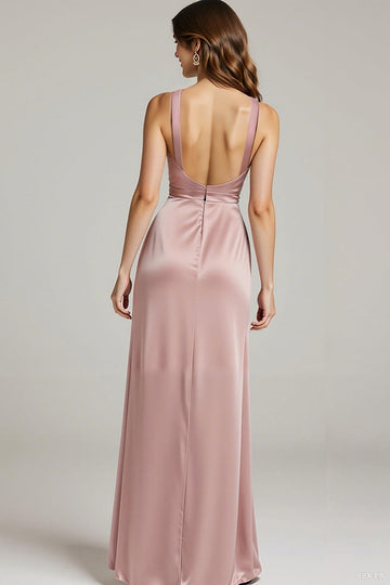 Robe formelle froncée en satin rose clair à col en V
